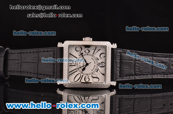 Franck Muller Master Square Swiss Quartz Steel Case with White Dial Black Leather Strap and Diamond Bezel - Click Image to Close